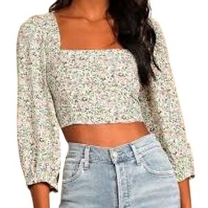 Lulus Even Sweeter White Floral Print Three-Quarter Sleeve Crop Top  Large